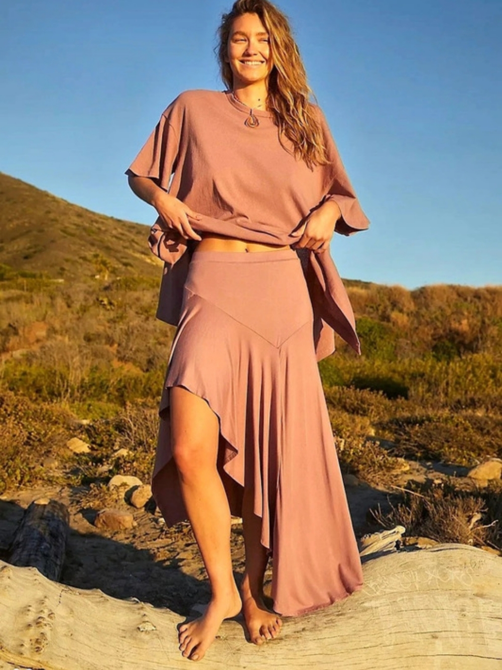 Free People Catching Feelings Skirt Pink High-Low Skirt And Shirt Set Medium